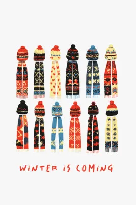 Verticale illustratie 'Winter is coming' met Scandinavische wol, gebreide mutsen en sjaals in een sfeervol winterlandschap