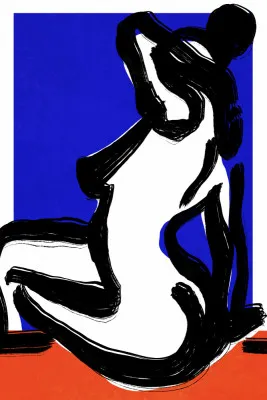 Verticale illustratie van een naakte vrouw in blauwe en oranje tinten in een buitenomgeving