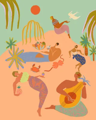 Kleurrijke verticale illustratie van tropisch strand met palmbomen, exotisch fruit, krab en muziekinstrumenten