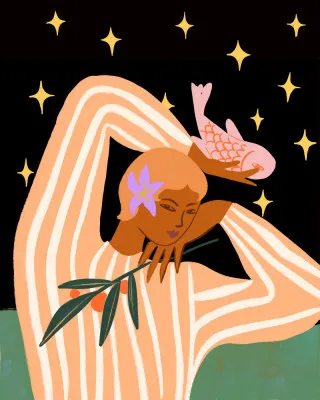 Verticale kleurrijke illustratie met mensen, vissen, fruit, planten en sterren in een buitenomgeving