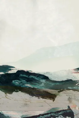 Verticale abstracte illustratie van bergen in blauwe en groene tinten met verfstreken