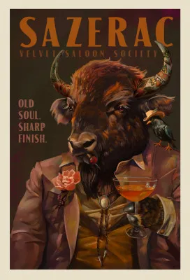 Buffalo Drinking Sazerac Cocktail. Alcohol &amp; Liquor Bar Art