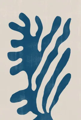 Abstracte verticale illustratie van blauw zeewier in minimalistische stijl met beige accenten