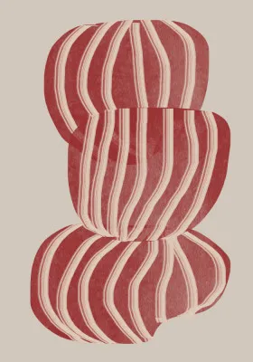 Verticale abstracte illustratie met rode en witte gestreepte patronen en organische vormen