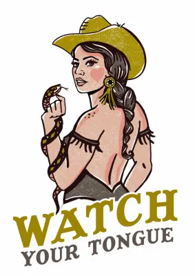 Illustratie van een pin-up cowgirl met cowboyhoed en ratelslang in een outdoor setting, vintage stijl