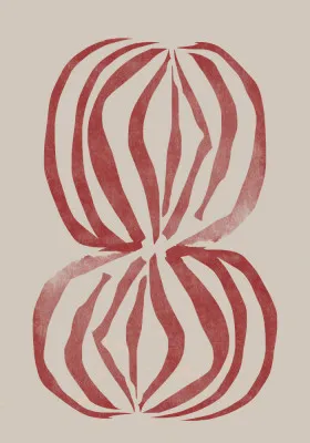 Verticale abstracte illustratie met rode en beige lijnen, geometrische en organische vormen in minimalistische stijl