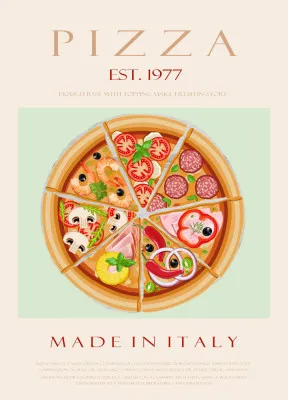 Verticale illustratie van een Italiaanse buitenkeuken met pizza, tomaten, deeg en drankjes in levendige kleuren