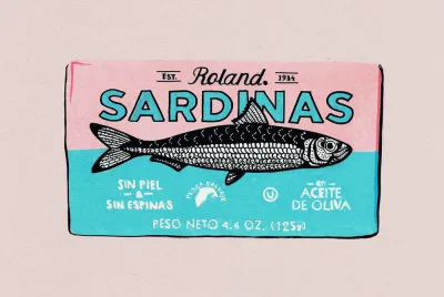 Horizontale illustratie van sardines in blik met roze achtergrond en vintage uitstraling
