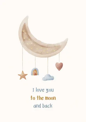 Verticale aquarel illustratie van een kind, maan, sterren, regenboog en wolken in zachte beige en pasteltinten