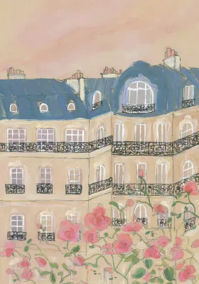 Verticale illustratie van zonsondergang boven Parijse gebouwen met bloemen en balkons