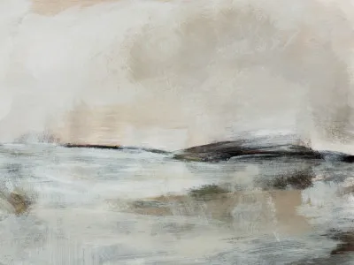 Horizontale handgeschilderde abstracte illustratie met blauwe en groene tinten, kustlandschap en textuurrijke penseelstreken