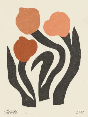 Verticale moderne bloemillustratie met oranje tulpen en botanische elementen in een rustieke stijl