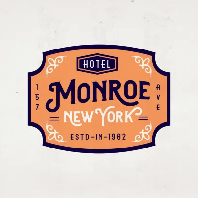 vierkante illustratie van het Monroe Hotel in New York met oranje tinten en retro typografie