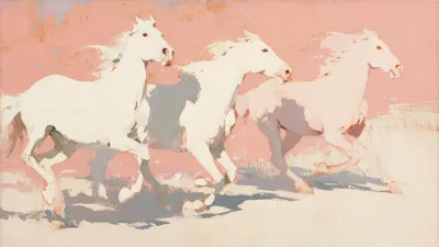 Illustratie van witte paarden die galopperen in een roze landschap, horizontaal en dynamisch