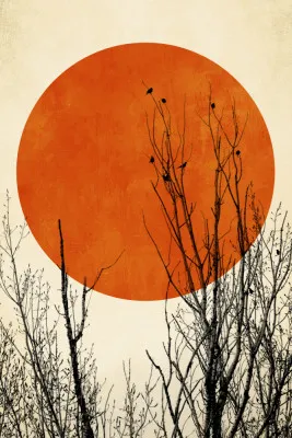 Verticale illustratie van een winterlandschap met oranje ondergaande zon, bomen en vogels in kubistische stijl