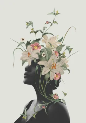 Verticale botanische illustratie van witte lelie bloemen en vrouw in natuurlijke groene omgeving