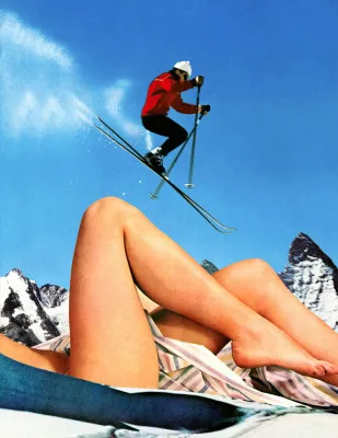 Verticale collage illustratie van een skiër die een grote sprong maakt boven een winters berglandschap met wolken