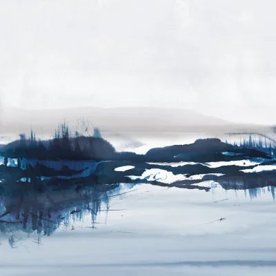 vierkante abstracte illustratie van een zeezicht in kalme blauwtinten met penseelstreken en textuur