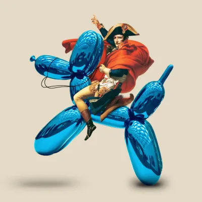 Vierkante illustratie van een neoklassieke Napoleon met een vrolijke hond en een ballon in een surrealistisch buitenlandschap