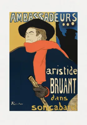Verticale illustratie van Aristide Bruant in cabaret met blauwe tinten en Parijse sfeer