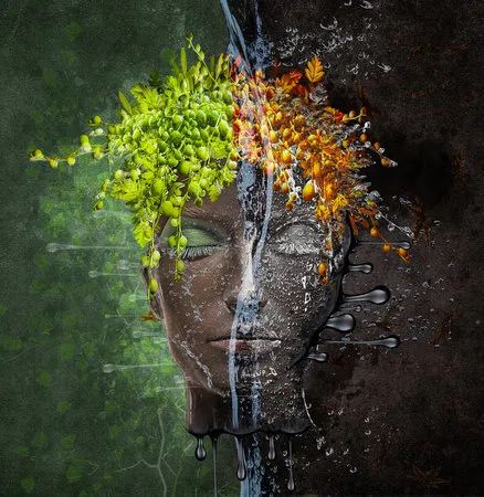 Verticaal surrealistisch portret met gesloten ogen, bladeren en waterdruppels in lente- en herfstkleuren