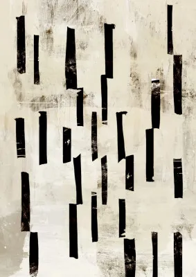 Verticale abstracte illustratie met minimalistische lijnen en organische vormen in verschillende kleuren