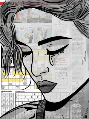 Verticale zwart-wit illustratie van een vrouw met tranen en krant, emotie en melancholie zichtbaar