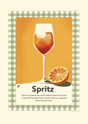 Verticale spritz retro print illustratie met oranje tinten van een cocktail en citrus in een outdoor setting