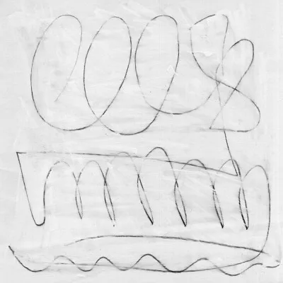 Minimalistische vierkante lijntekening van een buitenruimte met zachte beige tonen en abstracte penseelstreken