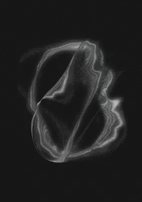 Verticale abstracte illustratie met glitch, ruis en korrelige textuur in zwart-wit, geïnspireerd op technologie en wetenschap