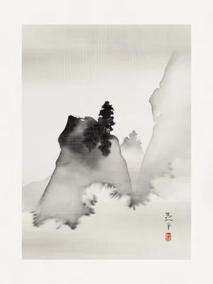 Verticale Japanse vintage illustratie van bergen met zachte kleuren en buitenlandschap in Japandi stijl