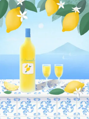 Verticale illustratie van limoncello cocktail met citroenen en mediterrane buiten scène in blauw en geel