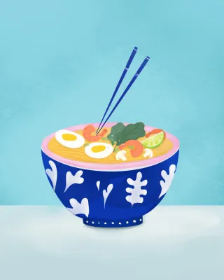 Verticale illustratie van een ramen bowl met blauwe en roze tinten, Aziatisch eten en chopsticks in een lichte keukenruimte