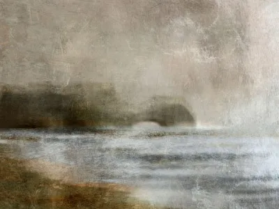 Horizontale abstracte illustratie Dusk met zachte kleuren en penseelstreken, natuur en water in minimalistische stijl