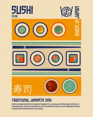 Verticale illustratie van sushi en eetstokjes in een Japans buitenlandschap met beige achtergrond en abstracte geometrische vormen