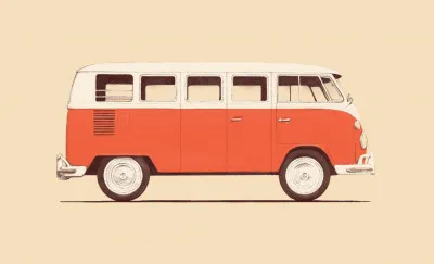 Horizontale illustratie van een klassieke redvan oldtimer in een stedelijke omgeving met diverse voertuigen
