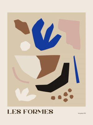 Verticale abstracte illustratie met geometrische vormen in blauw, beige en bruin, geïnspireerd door een outdoor scène