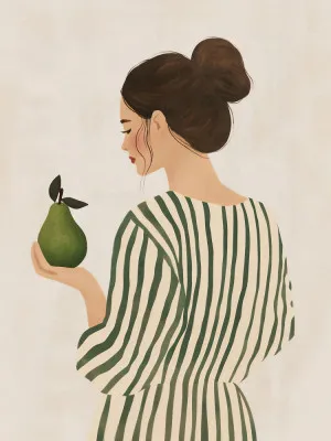 Verticale illustratie van een vrouw in groene buitenomgeving met een peer, vintage stijl