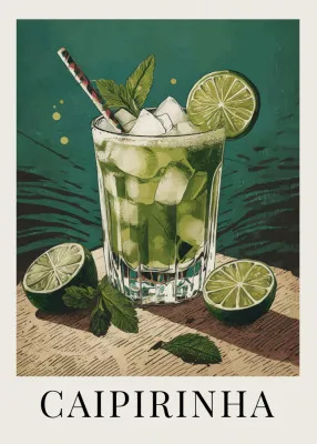 Verticale illustratie van een caipirinha cocktail met limoen, ijsblokjes en citrus in een levendige outdoor setting