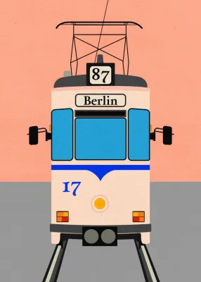 Illustratie van een kleurrijke Berlijnse tram in papercut stijl met gebouwen op de achtergrond