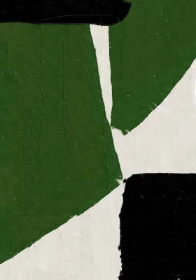 Verticale abstracte illustratie met groene, zwarte en witte vormen en textuur in een buitenruimte