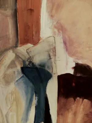 Abstract verticaal stilleven met warme oranje, amber en turquoise kleuren in expressieve penseelstreken