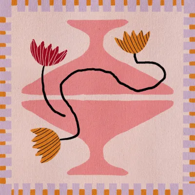 Vierkante kleurrijke illustratie van abstracte bloemen in een vaas met buitenzicht