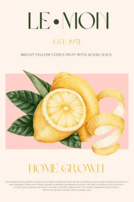 Verticale vintage illustratie van een gesneden gele citroen met groene bladeren in botanische stijl