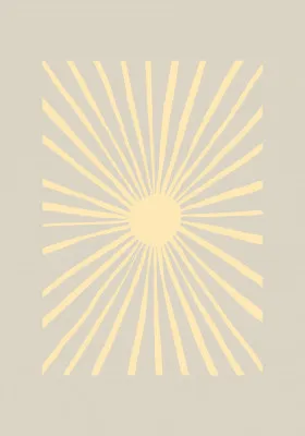 Verticale illustratie van gele zonnestralen in abstracte geometrische lijnen en vormen tegen een grijze achtergrond