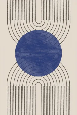 Verticale abstracte illustratie met blauwe geometrische cirkels en golvende lijnen op beige achtergrond