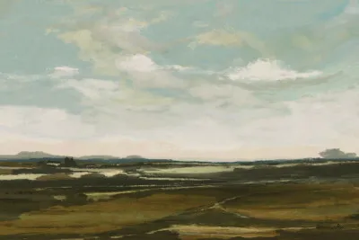 Horizontale abstracte illustratie van een landschap met groene velden en lichte wolkenluchten