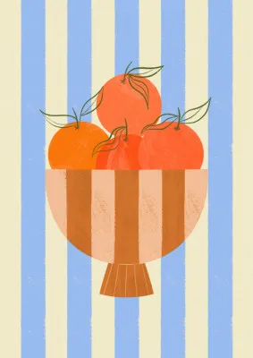 Verticale illustratie van een bowl of oranges met oranje fruit in een zonnige buitenomgeving