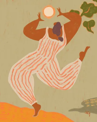 Verticale kleurrijke illustratie van mensen en tropische planten in een zonnige buitenomgeving