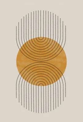Verticale abstracte illustratie met symmetrische golven, geometrische patronen en warme oranje en beige tinten